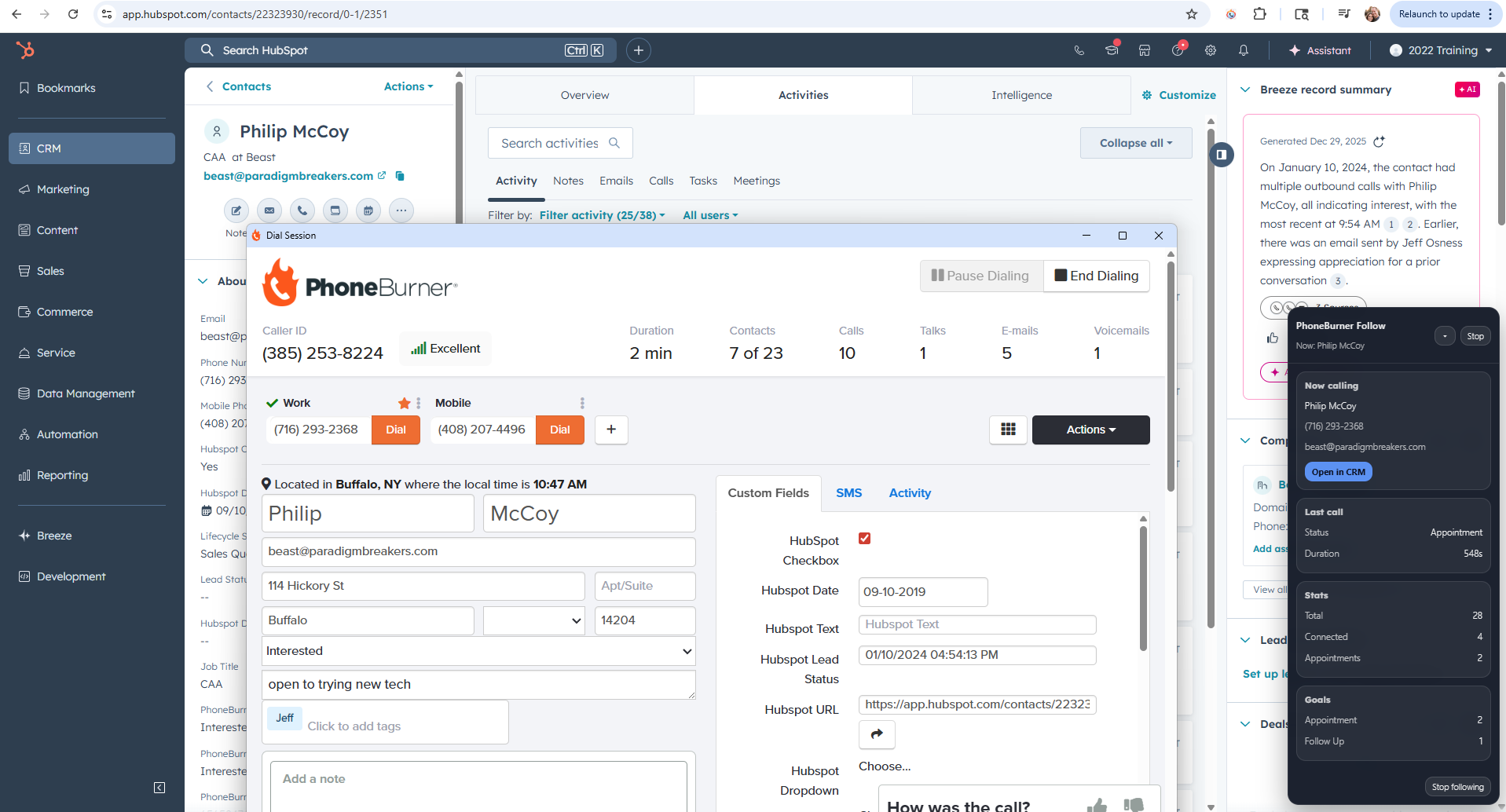 The Follow widget overlaid on a HubSpot contact record showing an active PhoneBurner dial session with appointment outcome